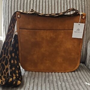 Tan Crossbody Shoulder Bag with Leopard Strap